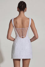 Chic Embellished Structured A-Line Mini Dress in White