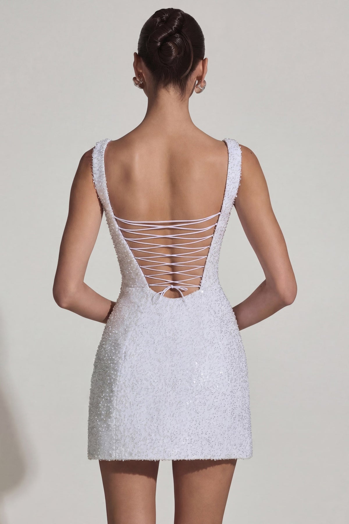 Chic Embellished Structured A-Line Mini Dress in White
