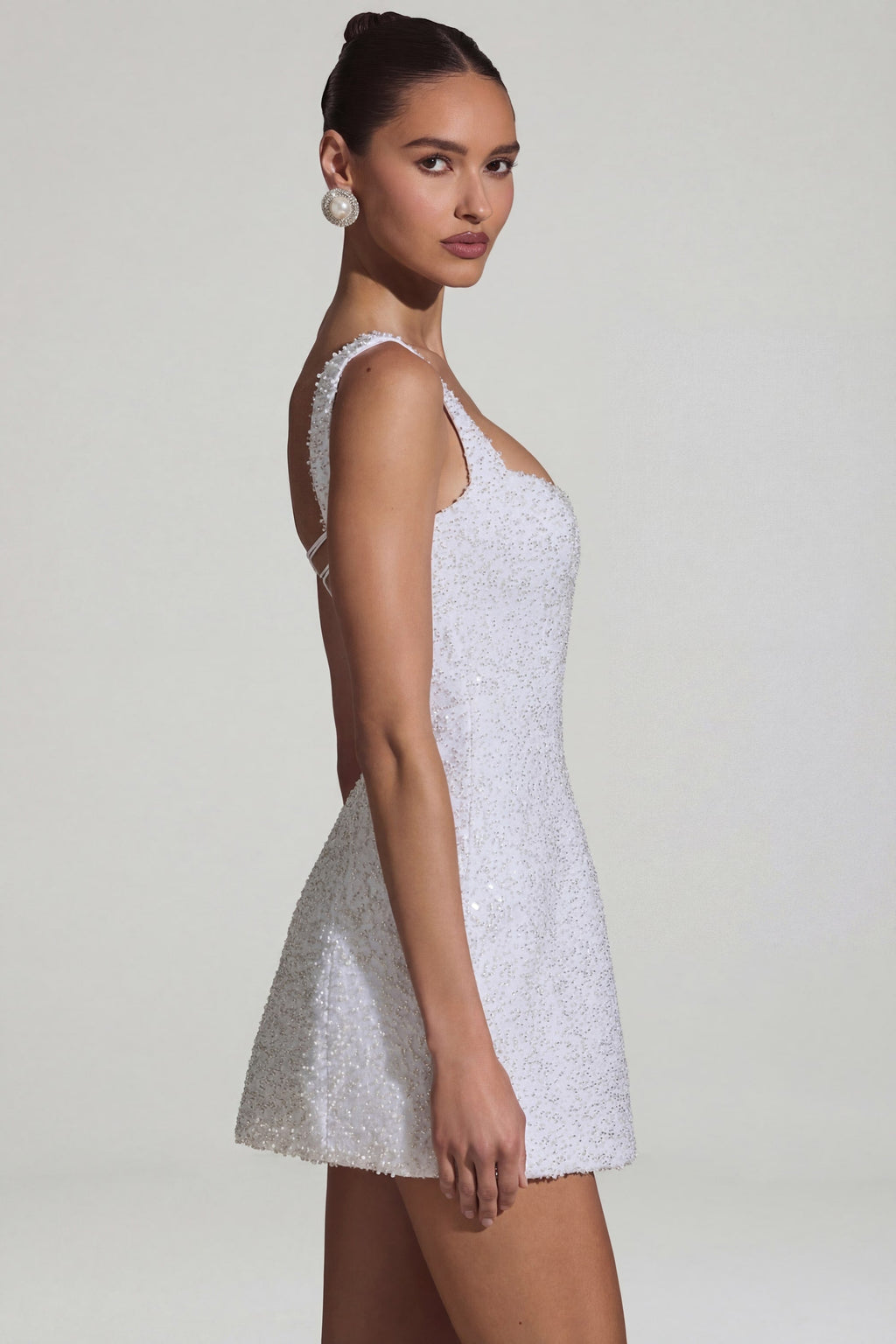 Chic Embellished Structured A-Line Mini Dress in White