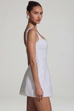 Chic Embellished Structured A-Line Mini Dress in White