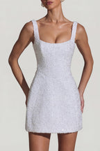 Chic Embellished Structured A-Line Mini Dress in White