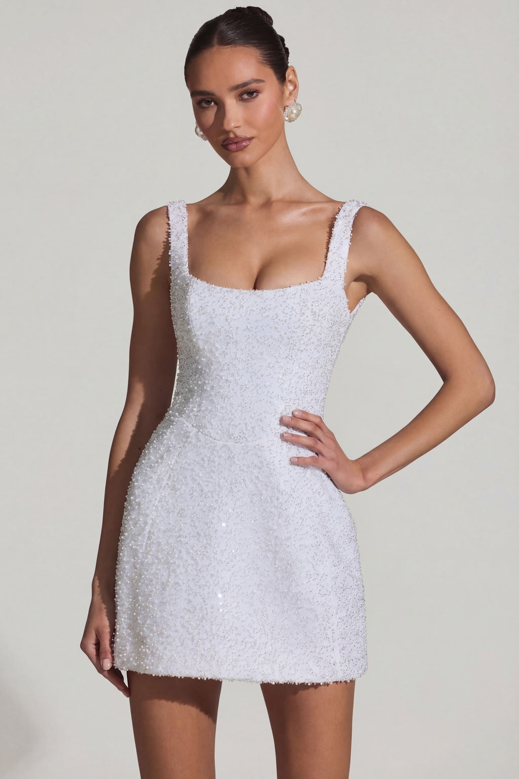 Chic Embellished Structured A-Line Mini Dress in White