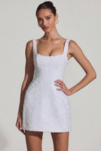 Chic Embellished Structured A-Line Mini Dress in White
