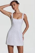 Chic Embellished Structured A-Line Mini Dress in White
