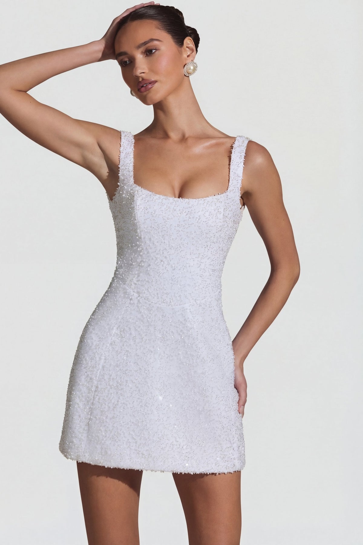 Chic Embellished Structured A-Line Mini Dress in White