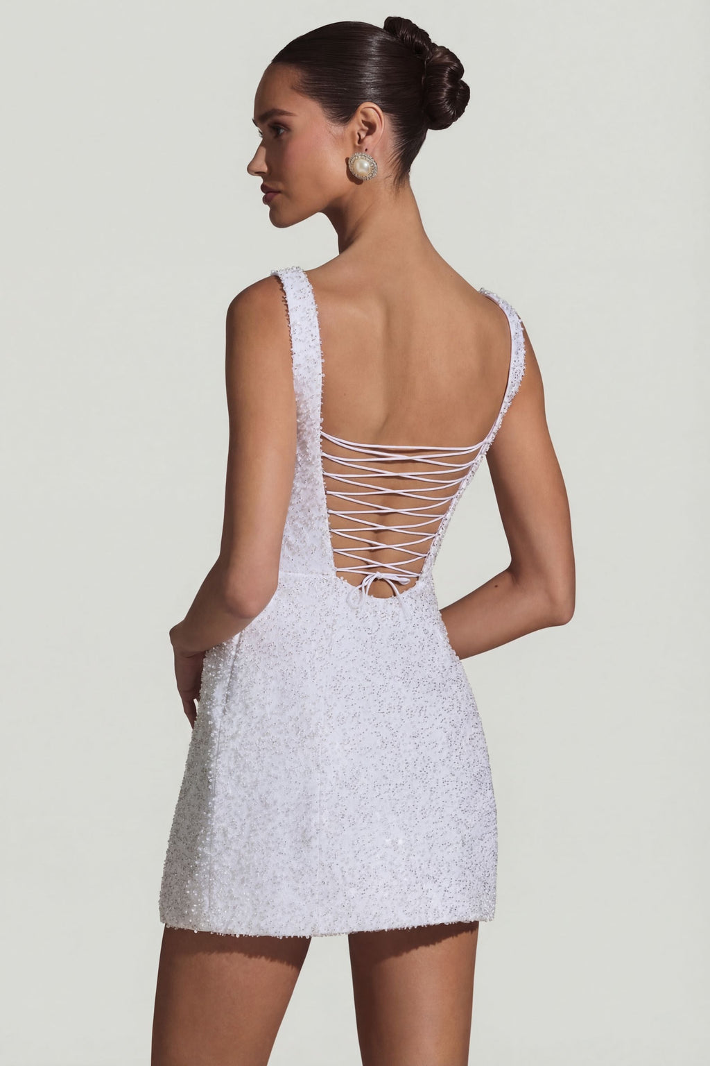 Chic Embellished Structured A-Line Mini Dress in White