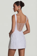Chic Embellished Structured A-Line Mini Dress in White
