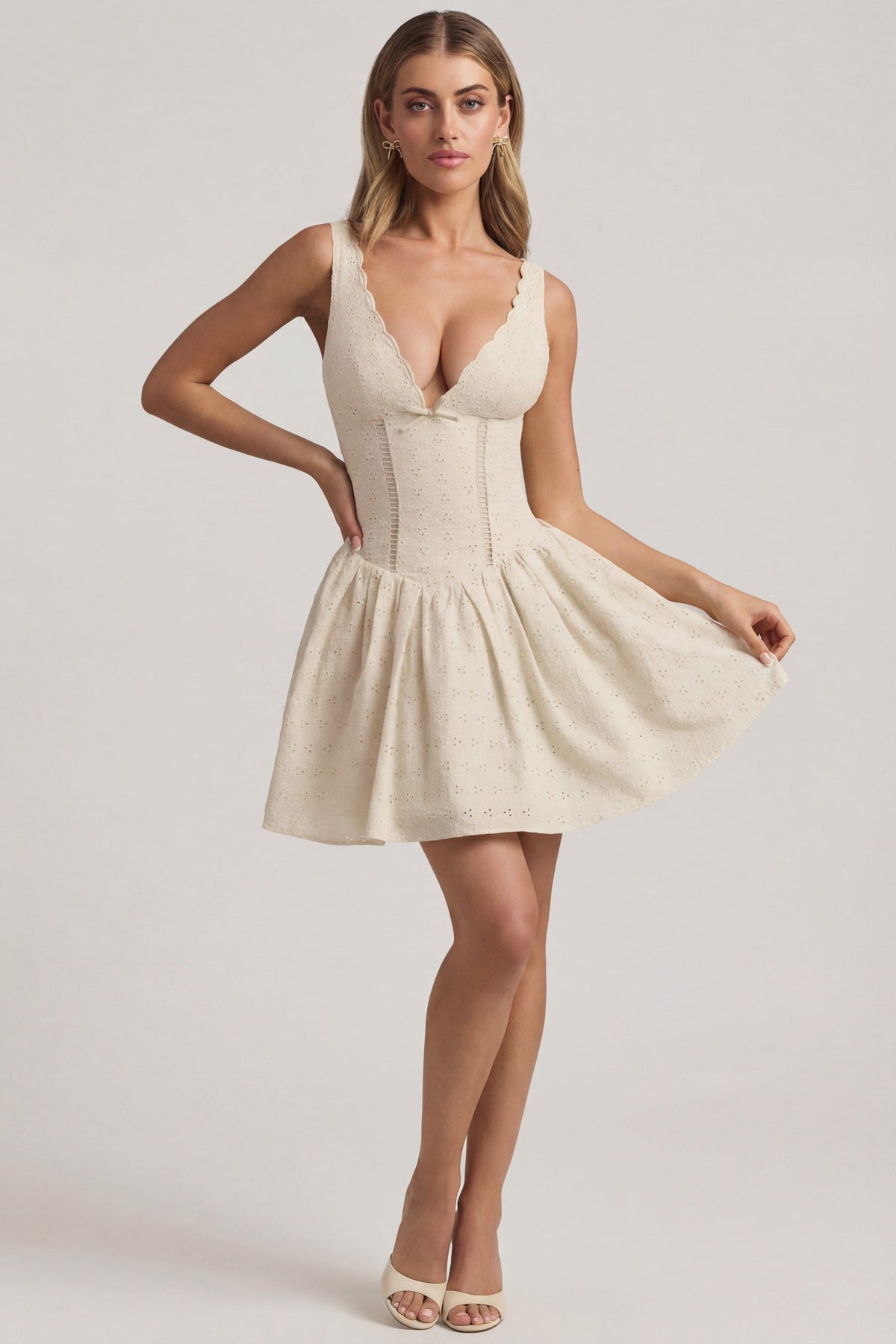 Chic Broderie Anglaise Bow-Detail A-Line Mini Dress in Ivory
