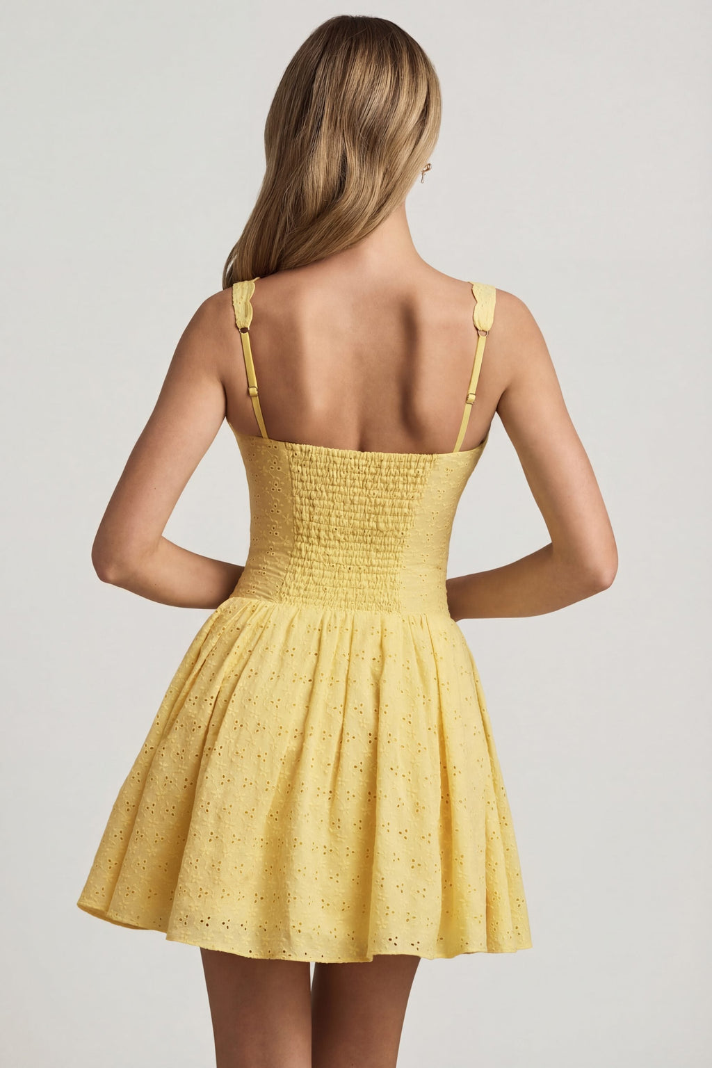 Chic Broderie Anglaise Bow-Detail A-Line Mini Dress in Pastel Yellow