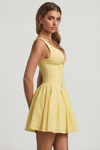Chic Broderie Anglaise Bow-Detail A-Line Mini Dress in Pastel Yellow
