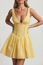 Chic Broderie Anglaise Bow-Detail A-Line Mini Dress in Pastel Yellow