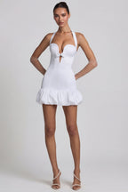Chic Bow-Detail Halterneck Bubble Hem Mini Dress in White