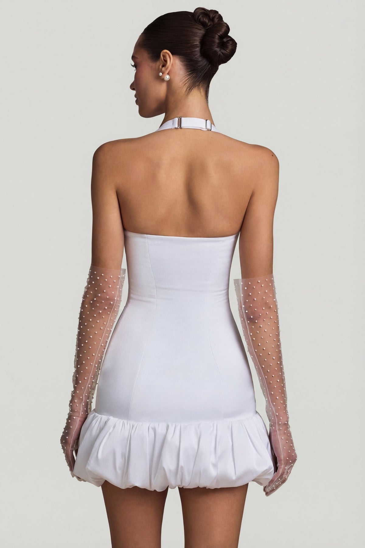Chic Bow-Detail Halterneck Bubble Hem Mini Dress in White