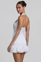 Chic Bow-Detail Halterneck Bubble Hem Mini Dress in White