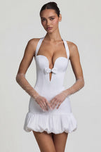 Chic Bow-Detail Halterneck Bubble Hem Mini Dress in White
