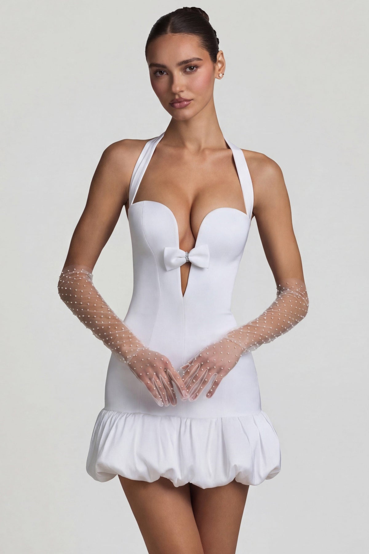 Chic Bow-Detail Halterneck Bubble Hem Mini Dress in White