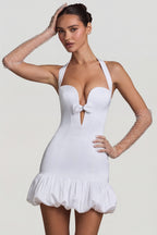 Chic Bow-Detail Halterneck Bubble Hem Mini Dress in White