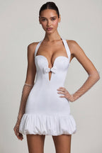Chic Bow-Detail Halterneck Bubble Hem Mini Dress in White