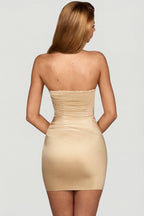 Chic Satin Scalloped-Bandeau Ruched Mini Dress in Champagne