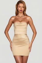 Chic Satin Scalloped-Bandeau Ruched Mini Dress in Champagne