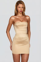 Chic Satin Scalloped-Bandeau Ruched Mini Dress in Champagne