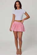 Chic Bow-Detail Broderie Anglaise Mini Skirt in Soft Pink