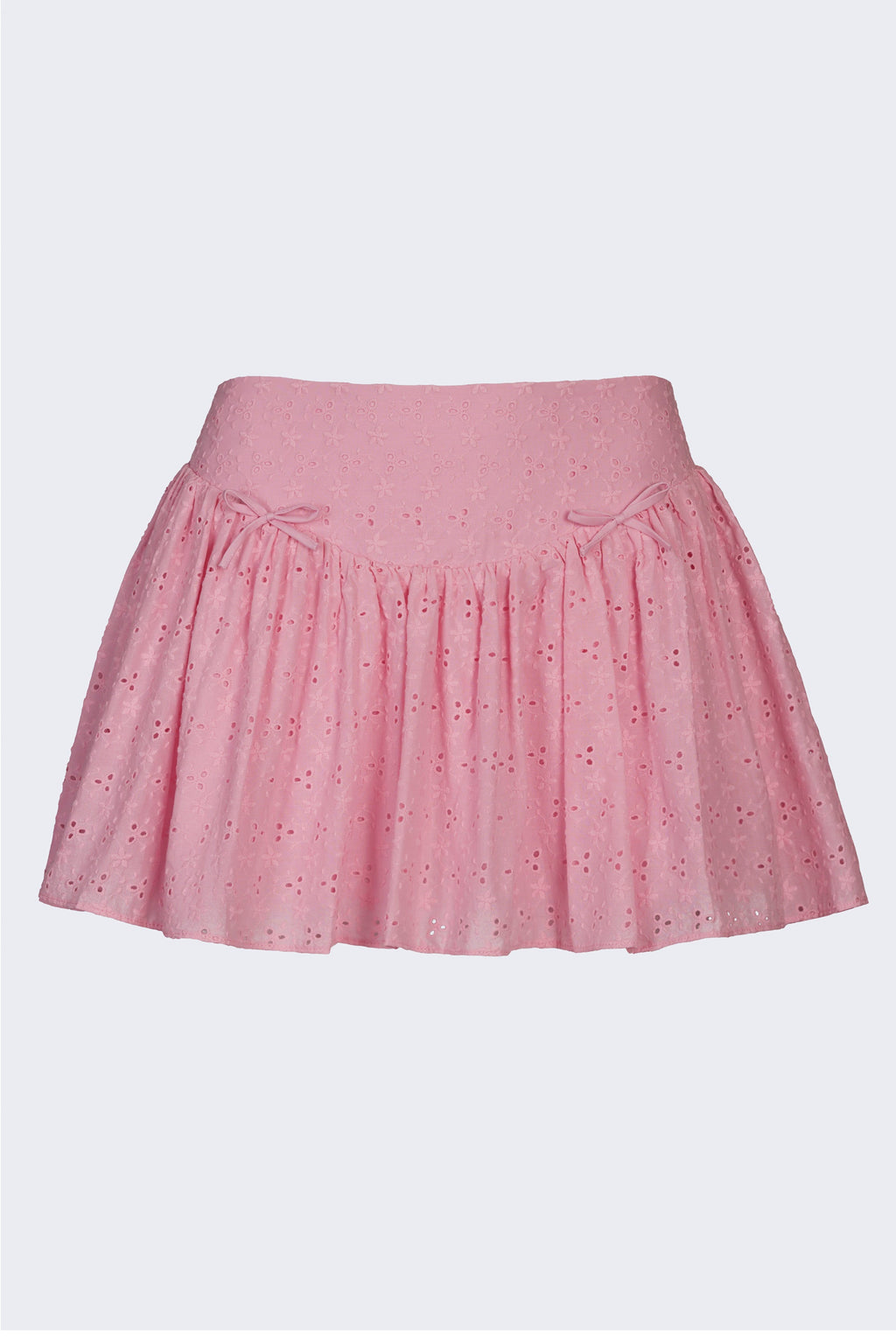 Chic Bow-Detail Broderie Anglaise Mini Skirt in Soft Pink