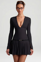 Chic Long-Sleeve Pleated Mini Dress in Black