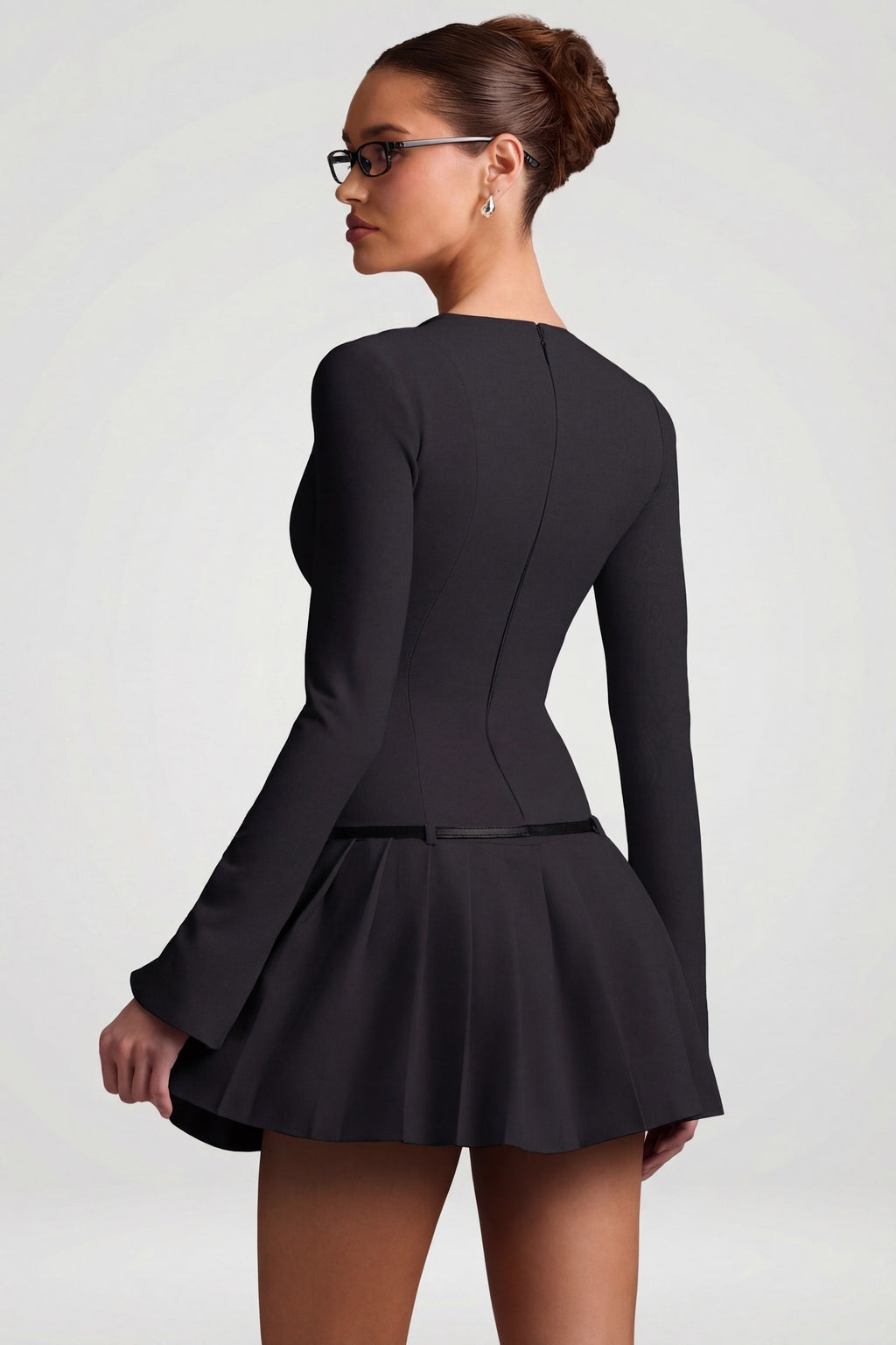 Chic Long-Sleeve Pleated Mini Dress in Black