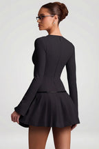 Chic Long-Sleeve Pleated Mini Dress in Black
