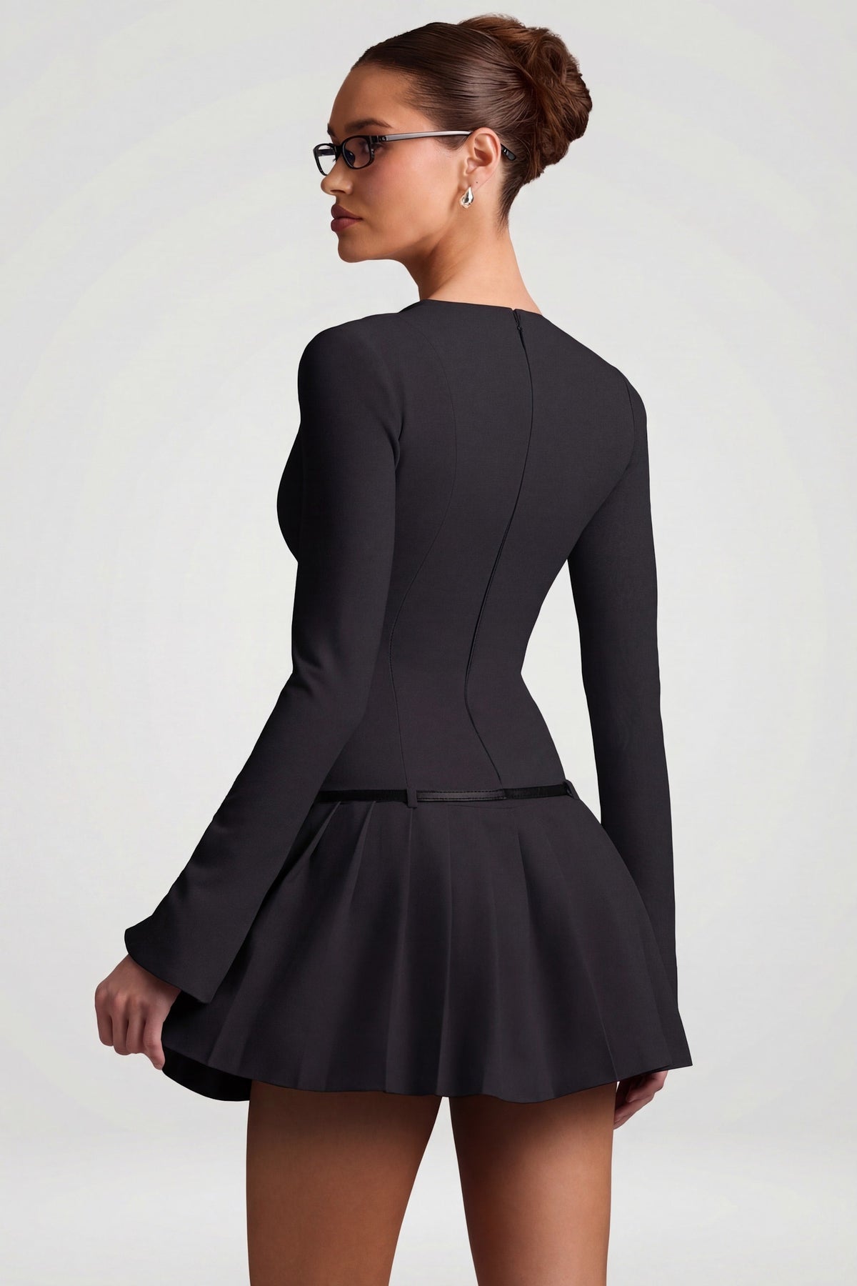 Chic Long-Sleeve Pleated Mini Dress in Black