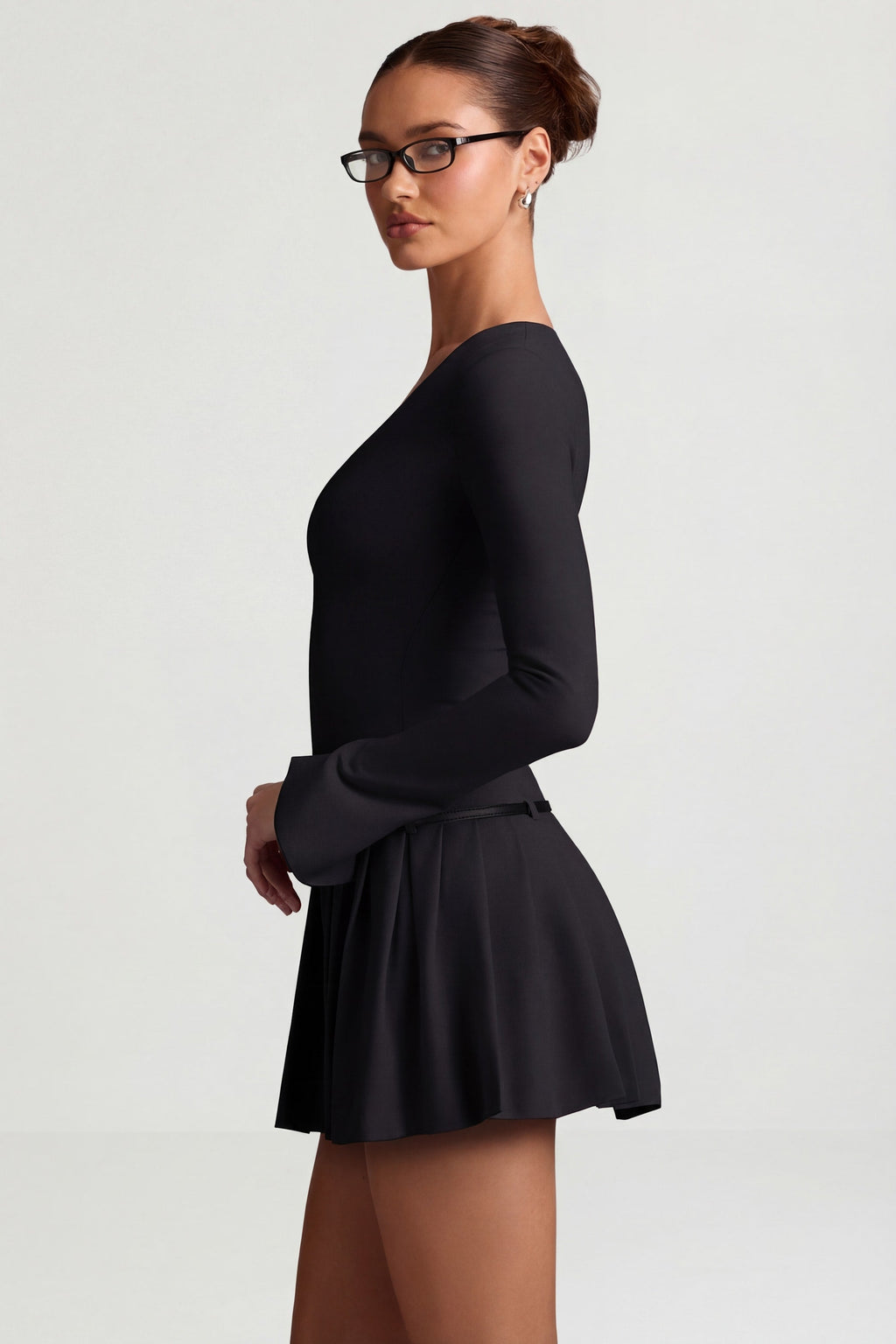 Chic Long-Sleeve Pleated Mini Dress in Black