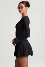Chic Long-Sleeve Pleated Mini Dress in Black