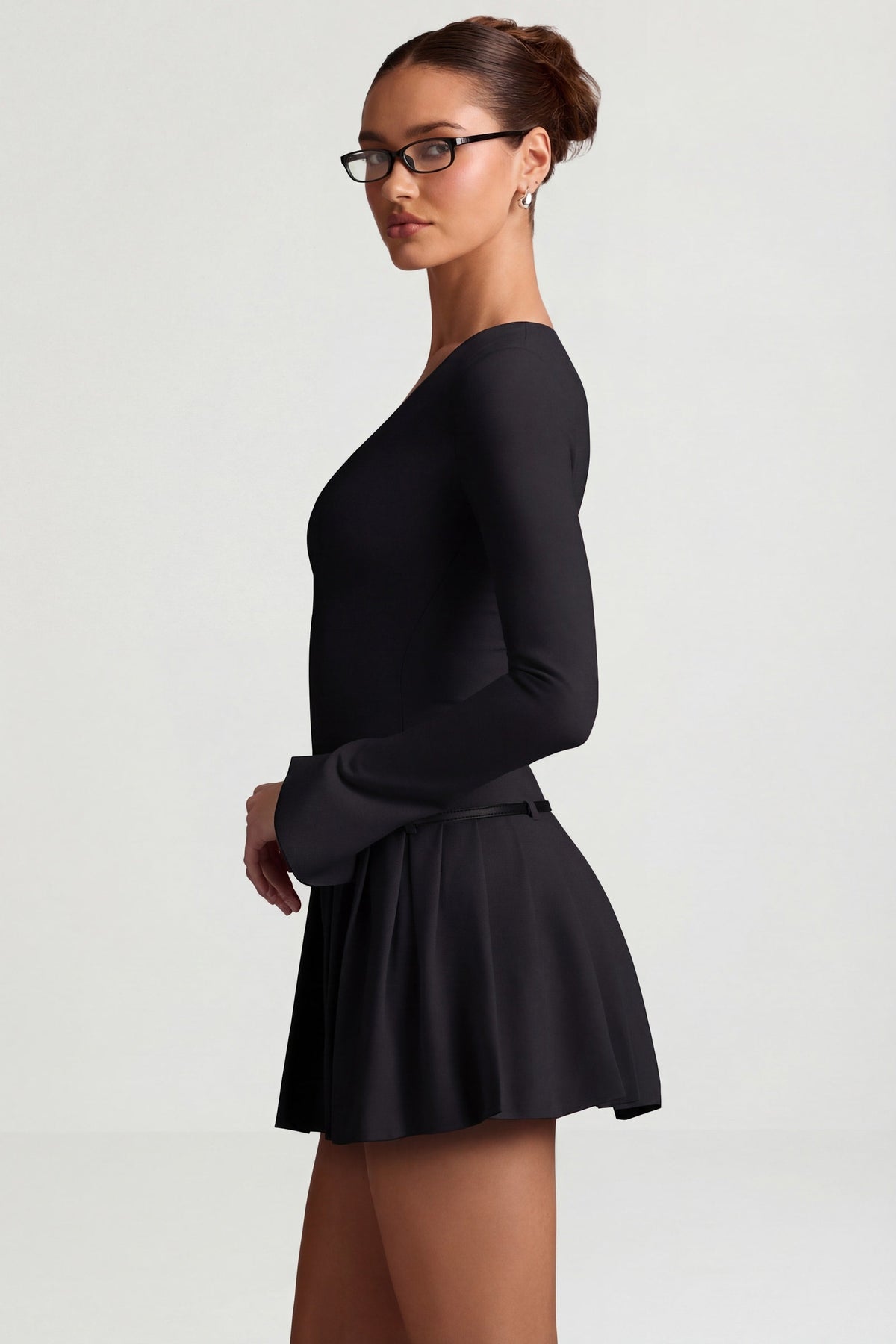 Chic Long-Sleeve Pleated Mini Dress in Black