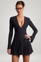 Chic Long-Sleeve Pleated Mini Dress in Black