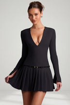 Chic Long-Sleeve Pleated Mini Dress in Black