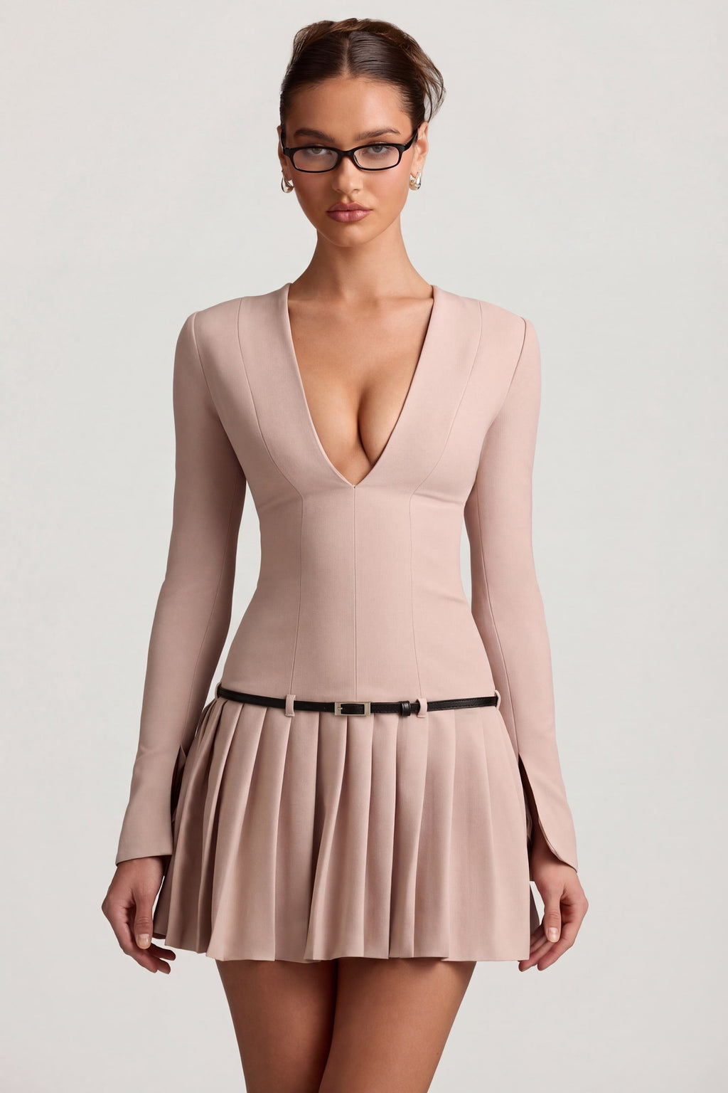 Chic Long-Sleeve Pleated Mini Dress in Mushroom