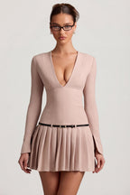 Chic Long-Sleeve Pleated Mini Dress in Mushroom