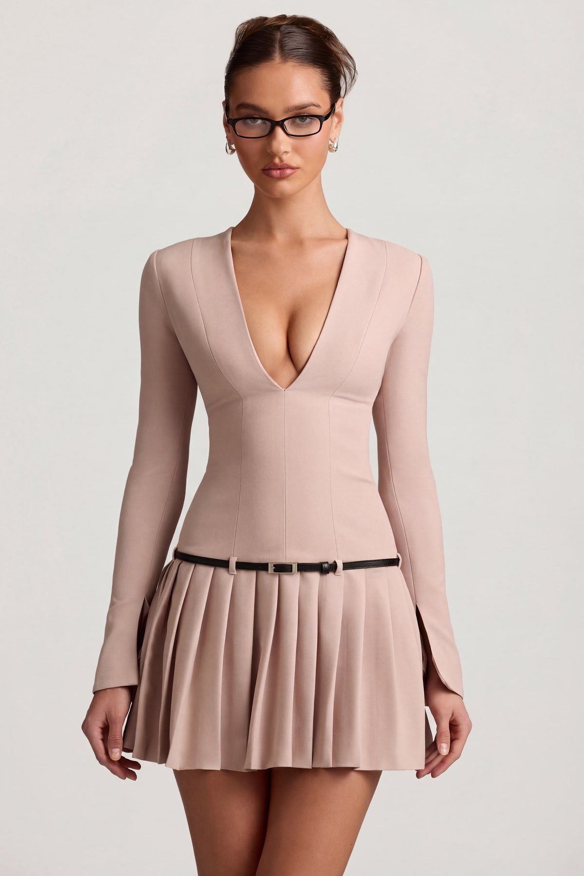 Chic Long-Sleeve Pleated Mini Dress in Mushroom