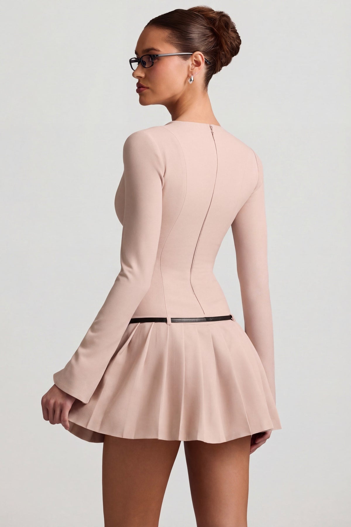 Chic Long-Sleeve Pleated Mini Dress in Mushroom