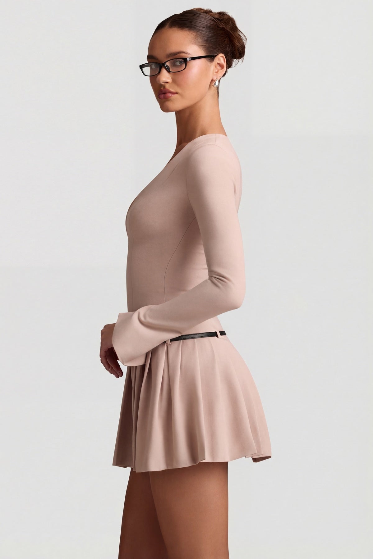 Chic Long-Sleeve Pleated Mini Dress in Mushroom