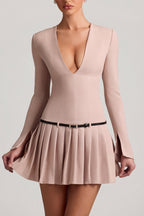 Chic Long-Sleeve Pleated Mini Dress in Mushroom