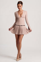 Chic Long-Sleeve Pleated Mini Dress in Mushroom
