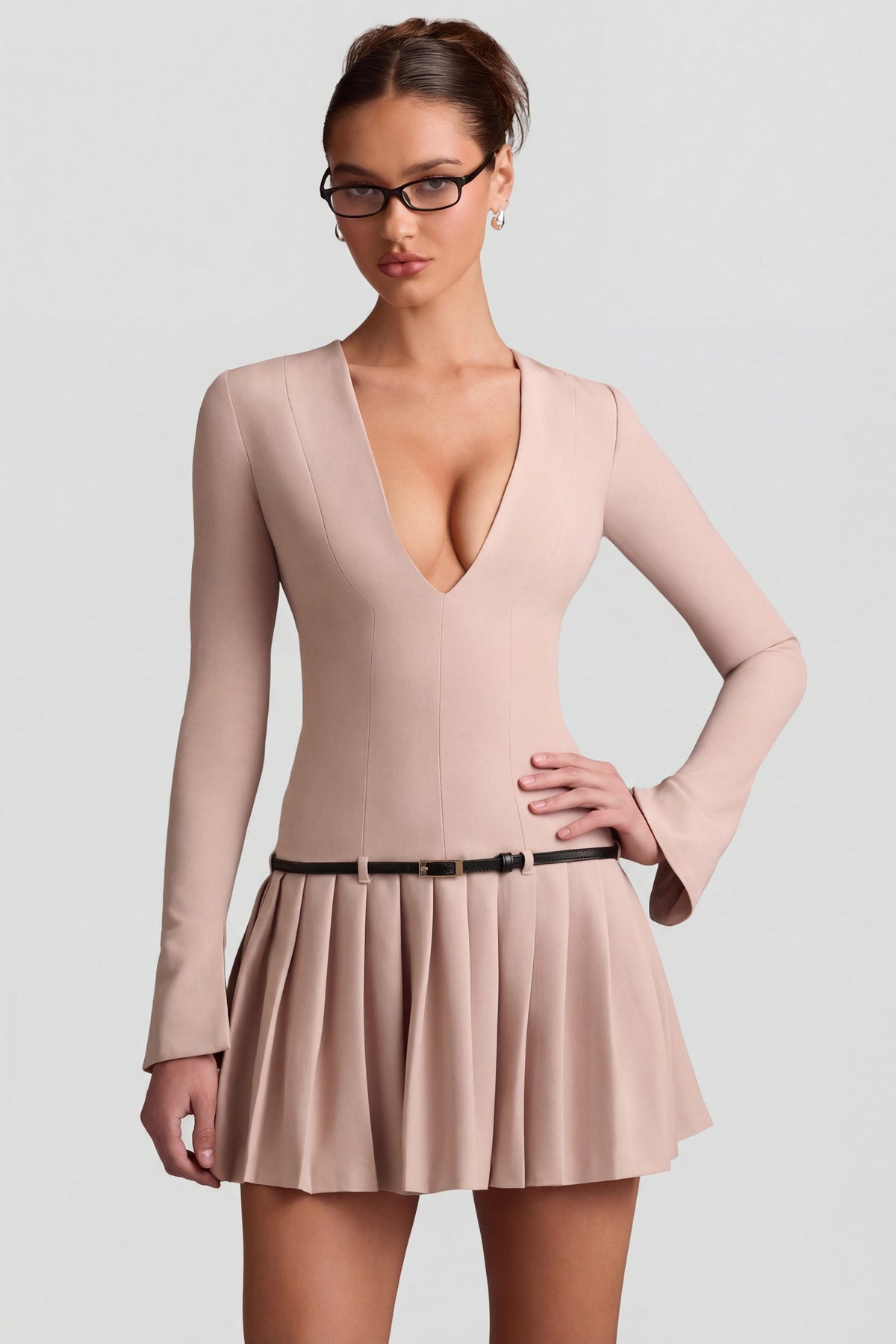 Chic Long-Sleeve Pleated Mini Dress in Mushroom
