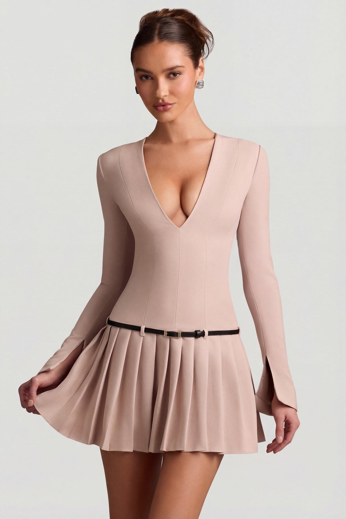Chic Long-Sleeve Pleated Mini Dress in Mushroom
