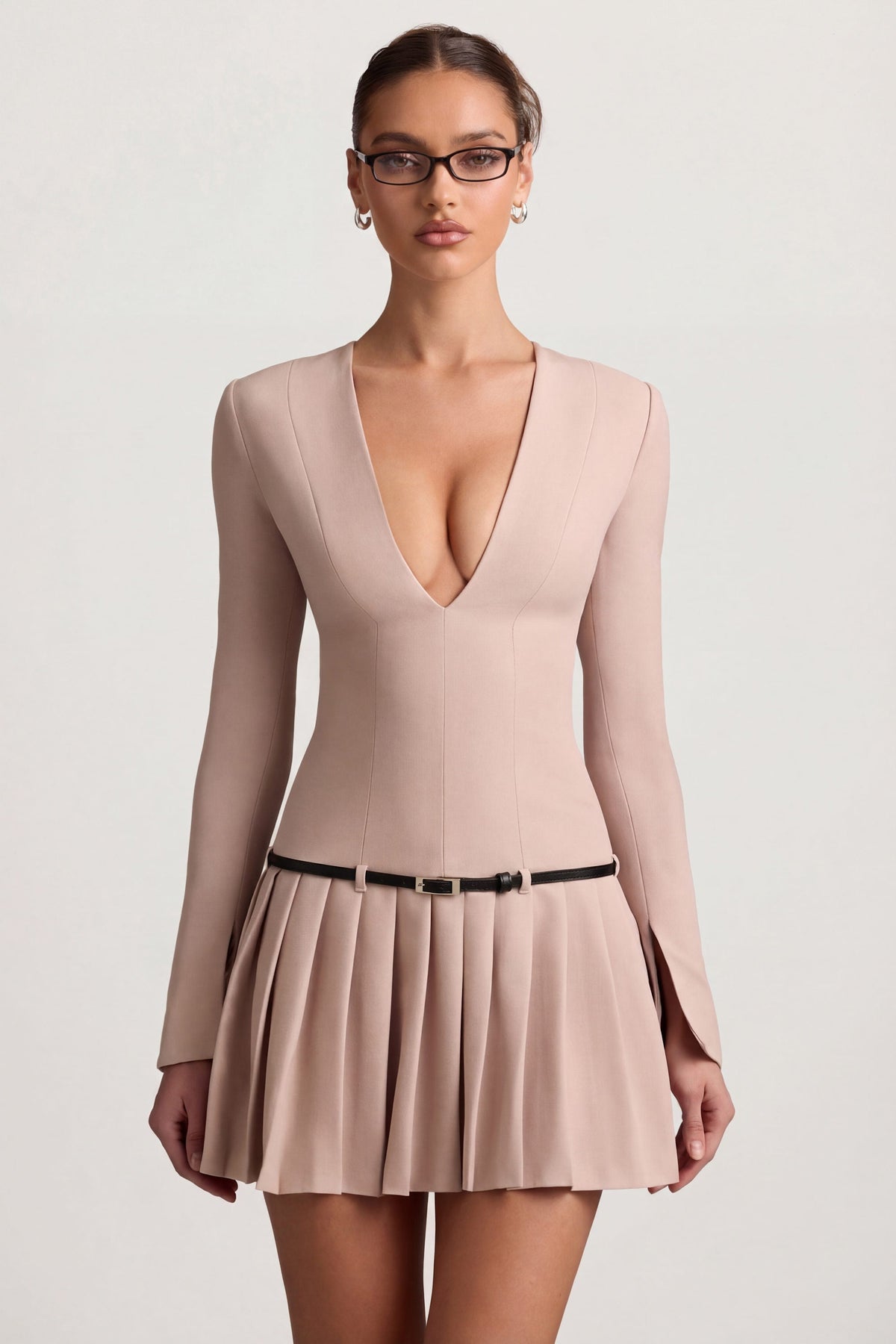 Chic Long-Sleeve Pleated Mini Dress in Mushroom