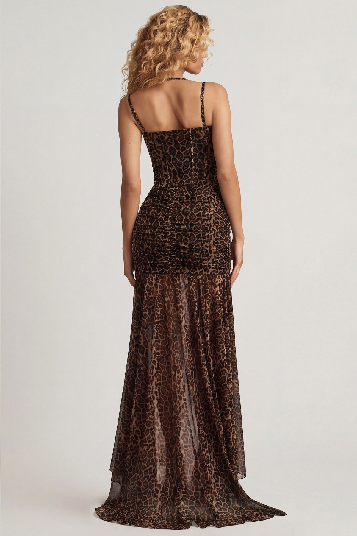 Chic Ruched Asymmetric Corset Gown in Leopard Print