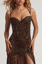 Chic Ruched Asymmetric Corset Gown in Leopard Print