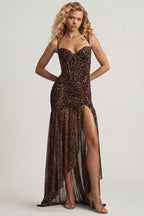 Chic Ruched Asymmetric Corset Gown in Leopard Print