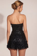 Chic Embellished Appliqué Sweetheart Mini Dress in Black